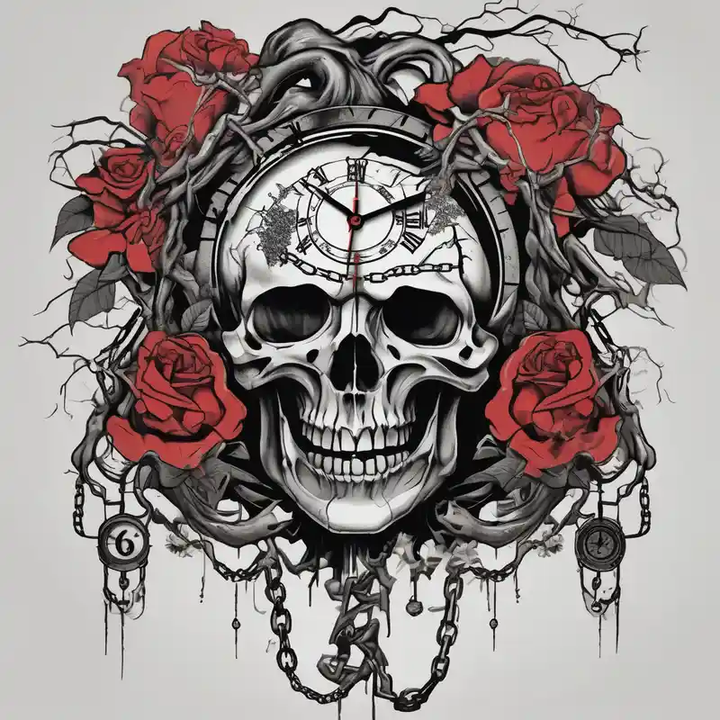 tattoo fool sleeve, tree roots break out of the chains, broken mask, clock with flying numbers, girl, skull, roses glitter